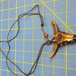Bull Skull Cow Antler Black Pleather Adjustable Necklace Western
